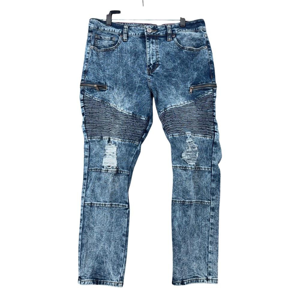 Fire‎ & Rain Mens Moto Biker Jeans Acid Wash Blue Distressed Slim Fit 34x30